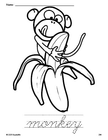 Free printable monkey coloring page and cursive word tracing worksheet, perfect for preschool, pre-k, and kindergarten, PDF