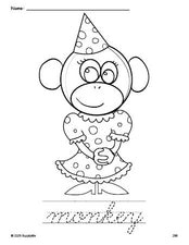 Free printable monkey coloring page and cursive word tracing worksheet, perfect for preschool, pre-k, and kindergarten, PDF