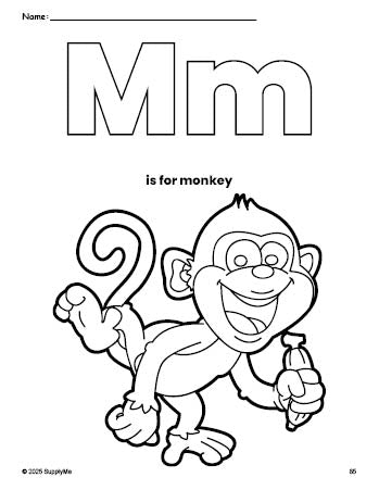 Free printable monkey coloring page, letter m coloring page for preschool, pre-k, and kindergarten, PDF