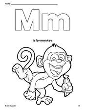 Free printable monkey coloring page, letter m coloring page for preschool, pre-k, and kindergarten, PDF