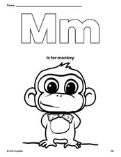 Free printable monkey coloring page, letter m coloring page for preschool, pre-k, and kindergarten, PDF