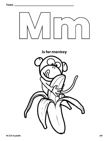 Free printable monkey coloring page, letter m coloring page for preschool, pre-k, and kindergarten, PDF