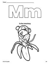 Free printable monkey coloring page, letter m coloring page for preschool, pre-k, and kindergarten, PDF