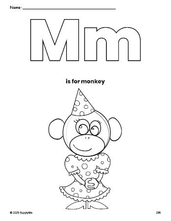 Free printable monkey coloring page, letter m coloring page for preschool, pre-k, and kindergarten, PDF