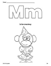 Free printable monkey coloring page, letter m coloring page for preschool, pre-k, and kindergarten, PDF