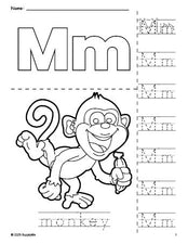 Free printable monkey coloring page and letter tracing worksheet, letter m worksheet for preschool, pre-k, and kindergarten, PDF