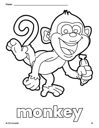 Free printable monkey coloring page for preschool, pre-k, and kindergarten, PDF