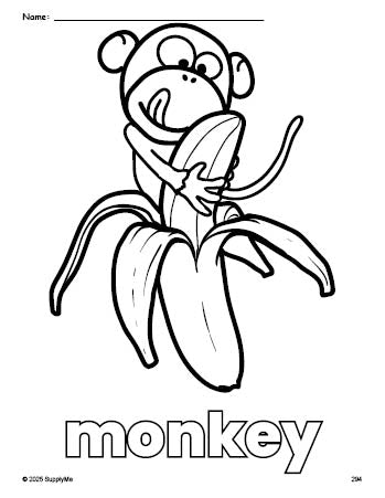 Free printable monkey coloring page for preschool, pre-k, and kindergarten, PDF