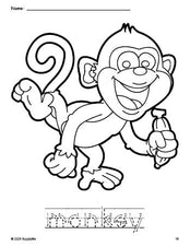 Free printable monkey coloring page and word tracing worksheet, letter formation guides, perfect for preschool, pre-k, and kindergarten, PDF