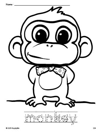 Free printable monkey coloring page and word tracing worksheet, letter formation guides, perfect for preschool, pre-k, and kindergarten, PDF