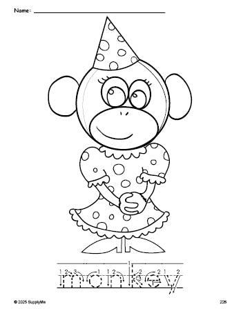 Free printable monkey coloring page and word tracing worksheet, letter formation guides, perfect for preschool, pre-k, and kindergarten, PDF