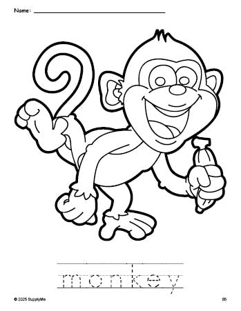 Free printable monkey coloring page and word tracing worksheet, perfect for preschool, pre-k, and kindergarten, PDF