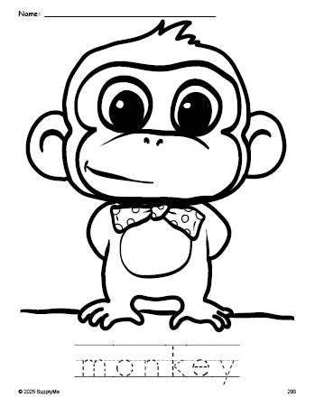 Free printable monkey coloring page and word tracing worksheet, perfect for preschool, pre-k, and kindergarten, PDF