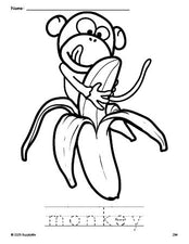 Free printable monkey coloring page and word tracing worksheet, perfect for preschool, pre-k, and kindergarten, PDF