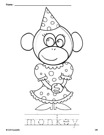 Free printable monkey coloring page and word tracing worksheet, perfect for preschool, pre-k, and kindergarten, PDF