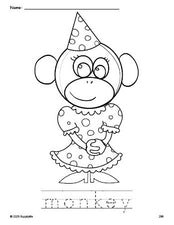 Free printable monkey coloring page and word tracing worksheet, perfect for preschool, pre-k, and kindergarten, PDF