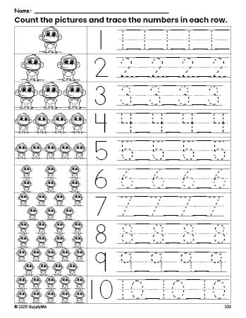 Free printable monkey counting worksheet for preschool and pre-k with number tracing practice 1-10, PDF