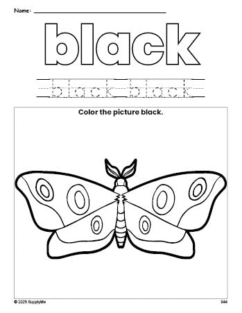 Free moth color black coloring page and color worksheet, black worksheet for preschoolers to learn colors, printable PDF