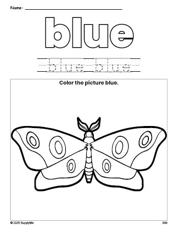 Free moth color blue coloring page and color worksheet, blue worksheet for preschoolers to learn colors, printable PDF