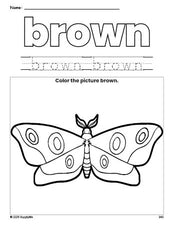 Free moth color brown coloring page and color worksheet, brown worksheet for preschoolers to learn colors, printable PDF