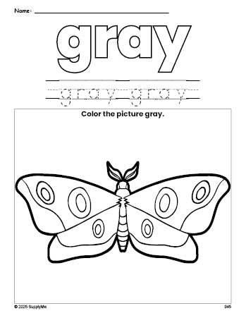 Free moth color gray coloring page and color worksheet, gray worksheet for preschoolers to learn colors, printable PDF