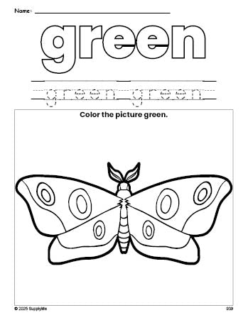 Free moth color green coloring page and color worksheet, green worksheet for preschoolers to learn colors, printable PDF