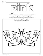 Free moth color pink coloring page and color worksheet, pink worksheet for preschoolers to learn colors, printable PDF