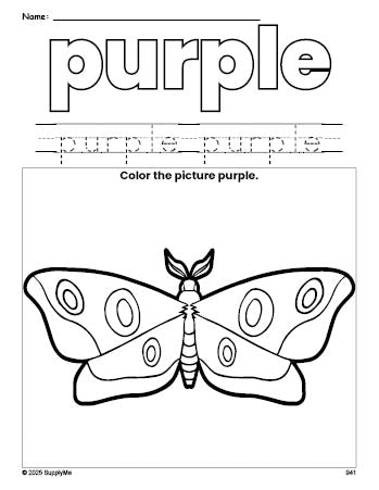 Free moth color purple coloring page and color worksheet, purple worksheet for preschoolers to learn colors, printable PDF