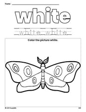 Free moth color white coloring page and color worksheet, white worksheet for preschoolers to learn colors, printable PDF