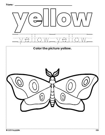 Free moth color yellow coloring page and color worksheet, yellow worksheet for preschoolers to learn colors, printable PDF