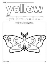 Free moth color yellow coloring page and color worksheet, yellow worksheet for preschoolers to learn colors, printable PDF