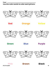 Free moth coloring page and color worksheet for preschoolers to learn colors, printable PDF