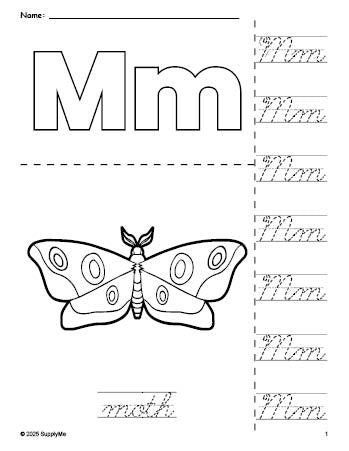 Free printable moth coloring page and cursive letter tracing worksheet, letter m worksheet for preschool, pre-k, and kindergarten, PDF