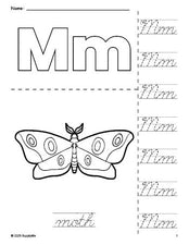 Free printable moth coloring page and cursive letter tracing worksheet, letter m worksheet for preschool, pre-k, and kindergarten, PDF