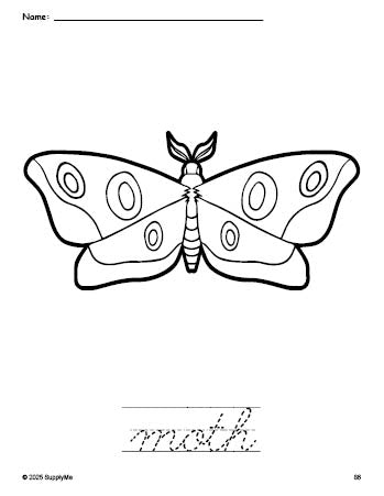 Free printable moth coloring page and cursive word tracing worksheet, perfect for preschool, pre-k, and kindergarten, PDF