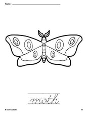 Free printable moth coloring page and cursive word tracing worksheet, perfect for preschool, pre-k, and kindergarten, PDF