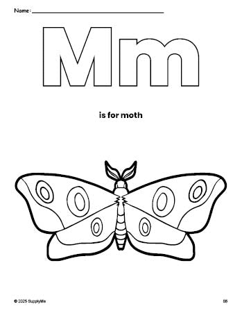 Free printable moth coloring page, letter m coloring page for preschool, pre-k, and kindergarten, PDF