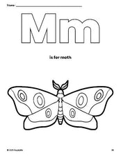 Free printable moth coloring page, letter m coloring page for preschool, pre-k, and kindergarten, PDF