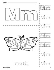 Free printable moth coloring page and letter tracing worksheet, letter m worksheet for preschool, pre-k, and kindergarten, PDF