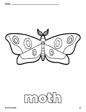 Free printable moth coloring page for preschool, pre-k, and kindergarten, PDF