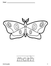 Free printable moth coloring page and word tracing worksheet, letter formation guides, perfect for preschool, pre-k, and kindergarten, PDF