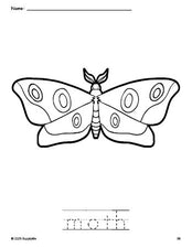 Free printable moth coloring page and word tracing worksheet, perfect for preschool, pre-k, and kindergarten, PDF