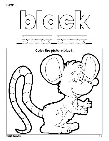 Free mouse color black coloring page and color worksheet, black worksheet for preschoolers to learn colors, printable PDF