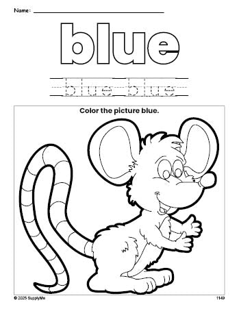 Free mouse color blue coloring page and color worksheet, blue worksheet for preschoolers to learn colors, printable PDF