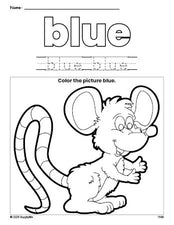 Free mouse color blue coloring page and color worksheet, blue worksheet for preschoolers to learn colors, printable PDF