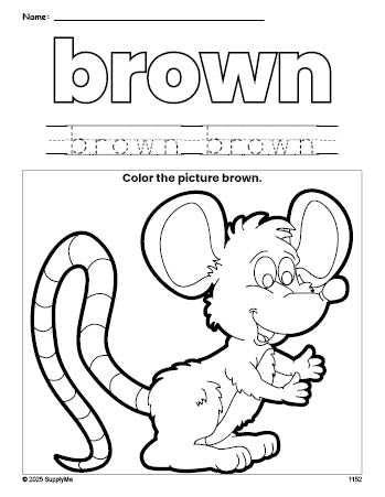 Free mouse color brown coloring page and color worksheet, brown worksheet for preschoolers to learn colors, printable PDF