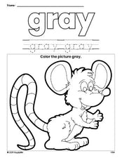 Free mouse color gray coloring page and color worksheet, gray worksheet for preschoolers to learn colors, printable PDF