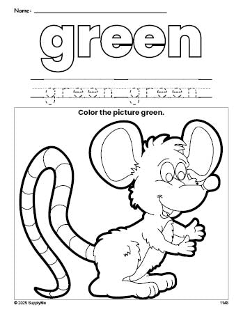 Free mouse color green coloring page and color worksheet, green worksheet for preschoolers to learn colors, printable PDF