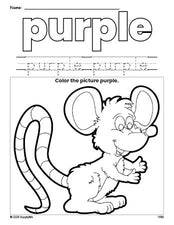 Free mouse color purple coloring page and color worksheet, purple worksheet for preschoolers to learn colors, printable PDF