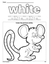 Free mouse color white coloring page and color worksheet, white worksheet for preschoolers to learn colors, printable PDF